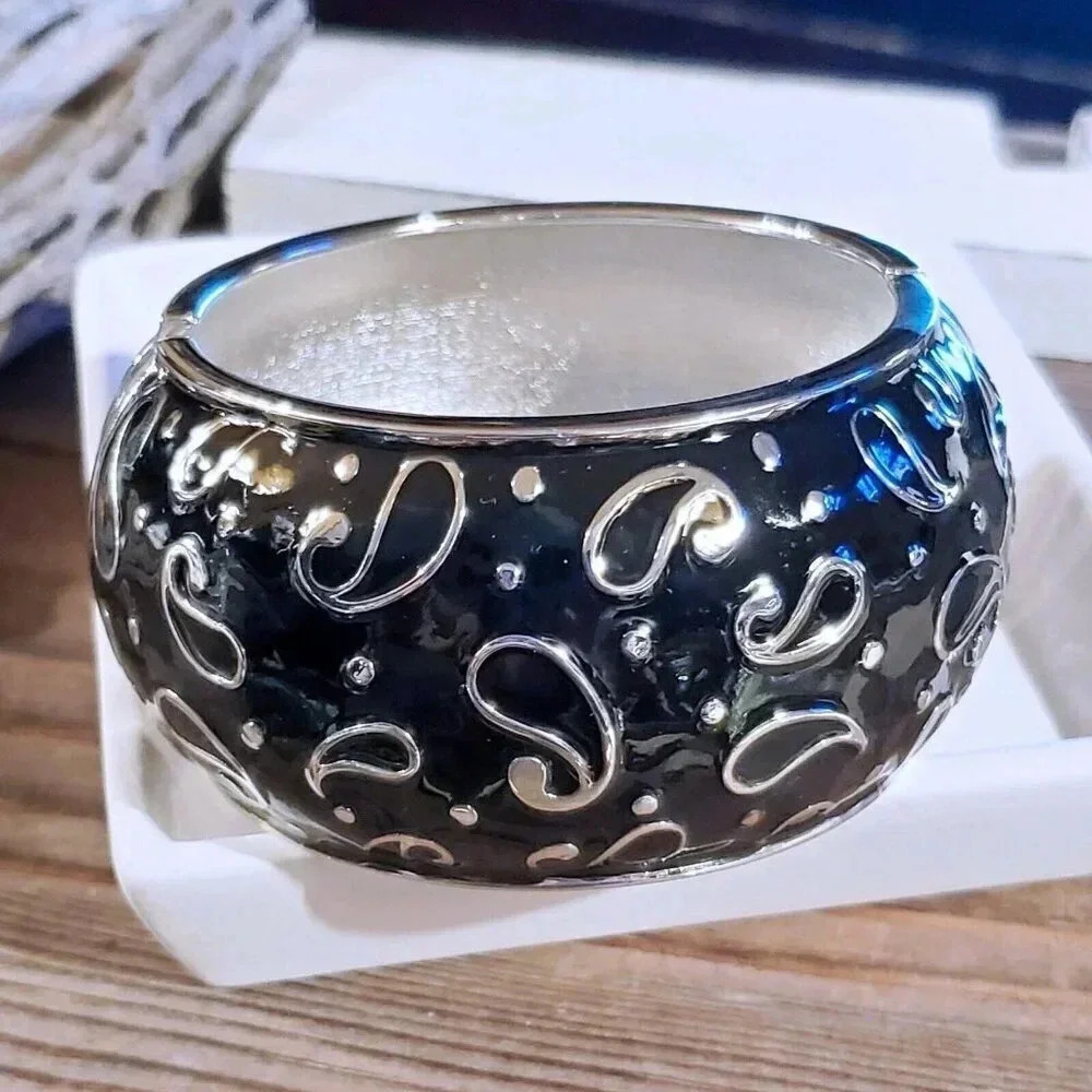 Retro Paisley Enameled Black Silver Chunky Wide Hinged Bangle Bracelet